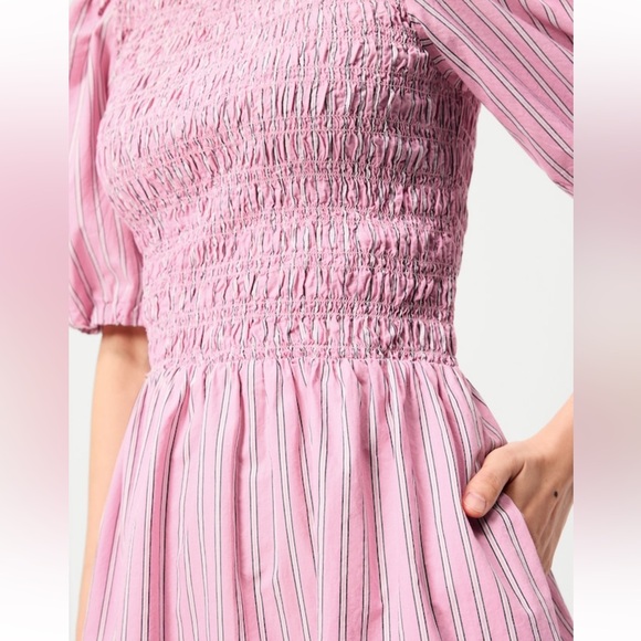 Pink Stripe Smocked Puff Sleeve Fit & Flare Mini Dress NWT L Coquette Barbiecore - Picture 3 of 7
